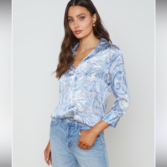 Joie Paisley Blue/White Blouse Button Front Sz Large Satiny - Picture 1 of 11